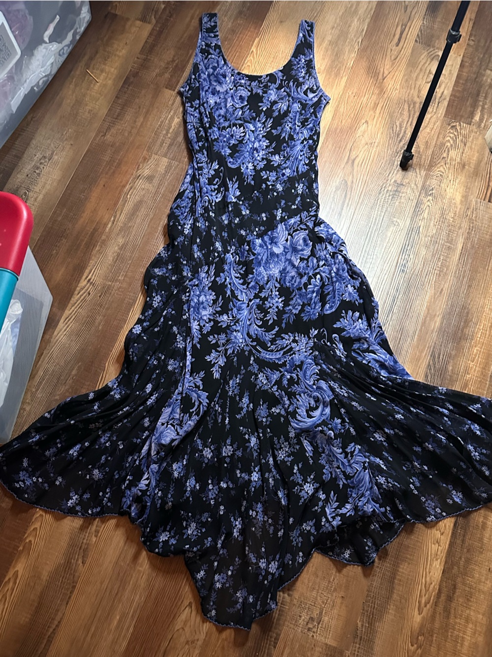 Vintage  Black and Blue Floral- Sleeveless Evening Gown-hand beaded detail